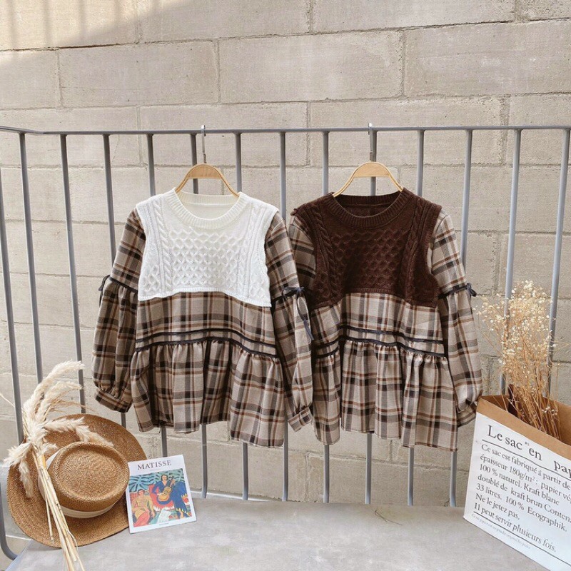 Áo babydoll caro phối len