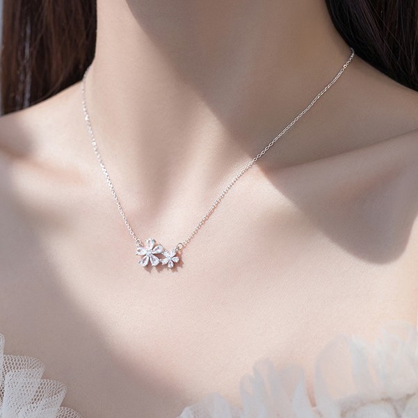 Vòng cổ, dây chuyền nữ bạc mạ vàng Flowers mặt hoa đính đá xinh xắn, sang chảnh VC47| TRANG SỨC BẠC HARMONY