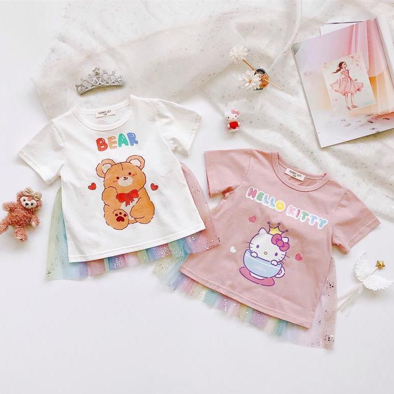 Áo Thun Tay Ngắn Phối Lưới Đính Nơ Màu Hồng Gradient Phong Cách Hàn Quốc Thời Trang Mùa Hè Hàng Mới Dành Cho Bé Gái 2022