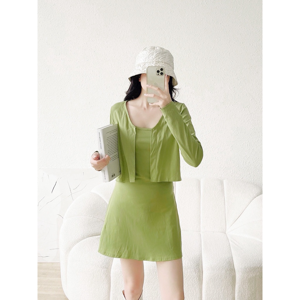 Set váy thun LYRA 2 dây freesize kèm áo khoác croptop đa năng, kiểu cách - VSYSE0076