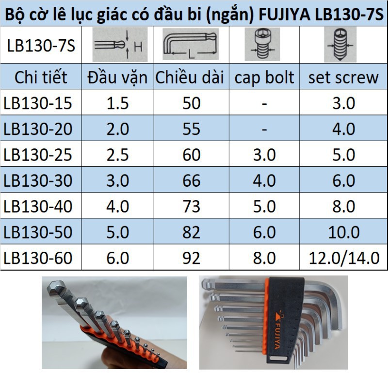 Bộ cờ lê lục giác có đầu bi (ngắn) FUJIYA LB130-7S