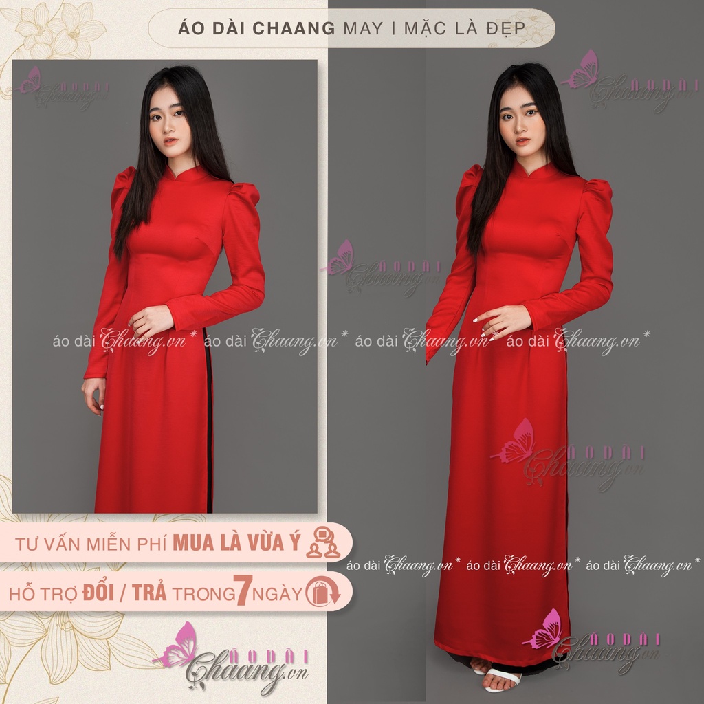 Áo Dài Đỏ Vai Bồng CHAANG May Sẵn Lụa Tây Thi Truyền Thống Cổ Cao Tay Dài Phù Hợp Dự Tiệc Lễ Tết Đẹp