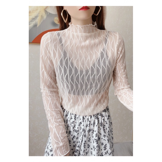 Áo Thun Nữ Tay Dài Phối Ren Xuyên Thấu