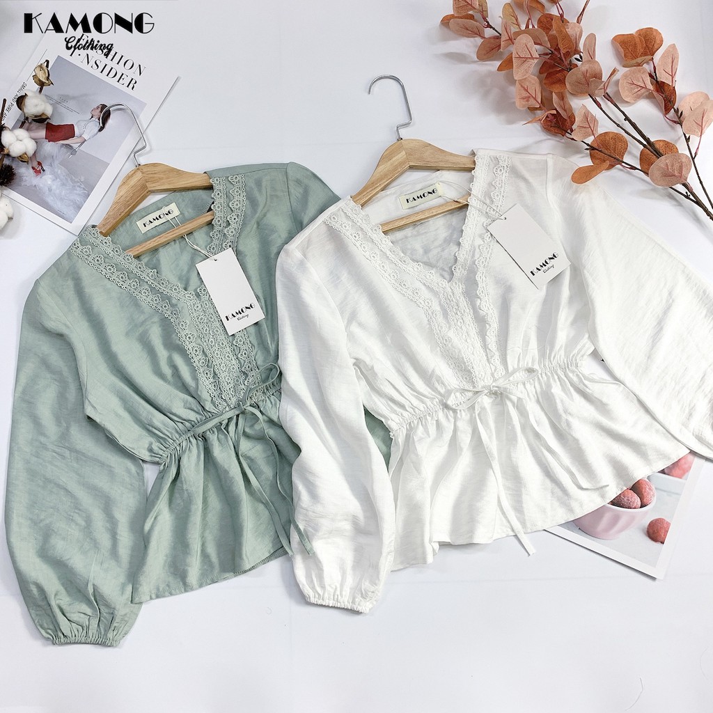 Áo kiểu phối ren rút eo KAMONG A052