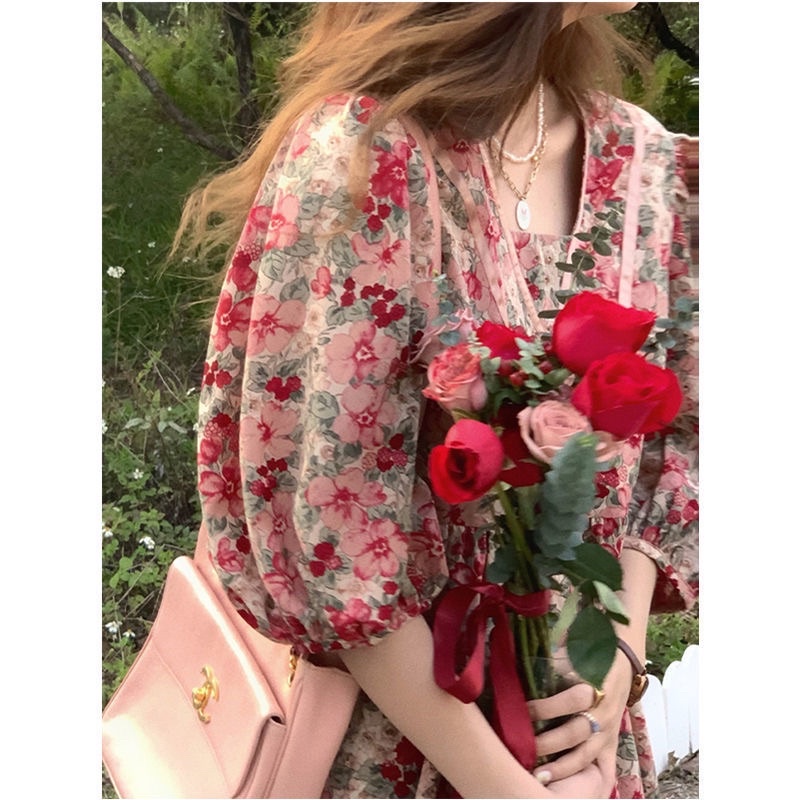 Váy hoa tay bồng dáng dài phong cách vintage cực xinh