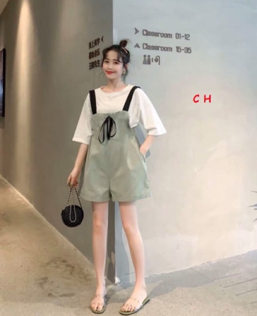 Sét Yếm đùi Kaki đính nơ đen CH12 | BigBuy360 - bigbuy360.vn