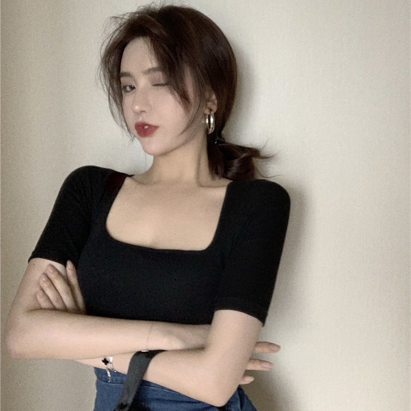 Áo Thun Tay Ngắn Cổ Vuông Hở Xương Quai Xanh Đơn Giản Thời Trang Xuân Hè Hàng Mới Dành Cho Bạn Nữ 2022