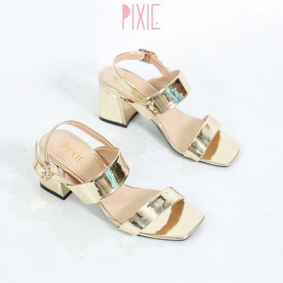 Giày Sandal Cao Gót 5cm Đế Vuông Ốp Đồng Quai Ngang Pixie X462