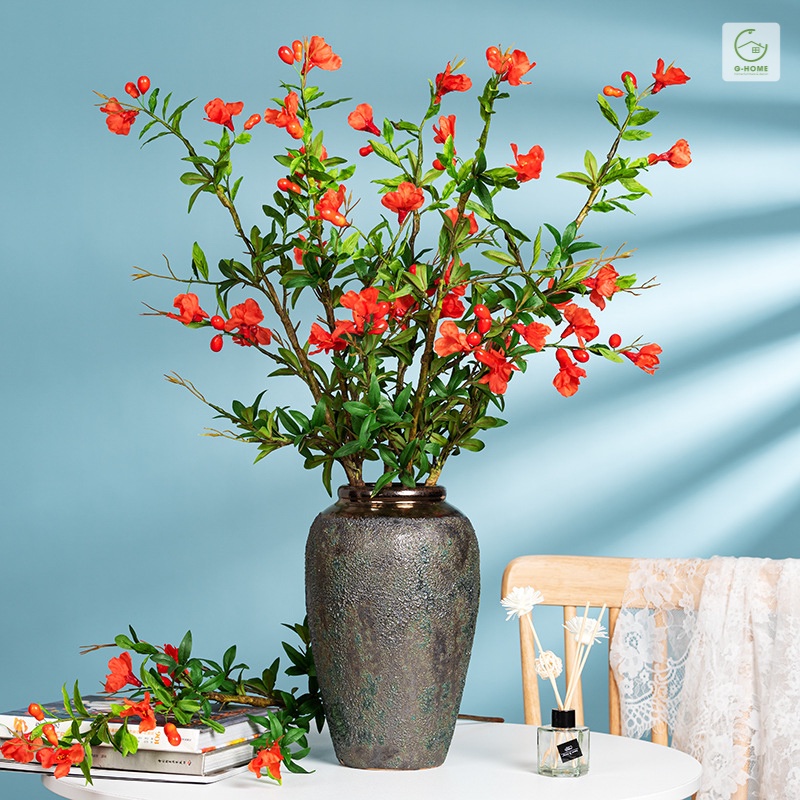Cành hoa lựu Đỏ hút tài lộc Ghome, cành hoa trang trí phong thủy decor nhà sang trọng HOALUU