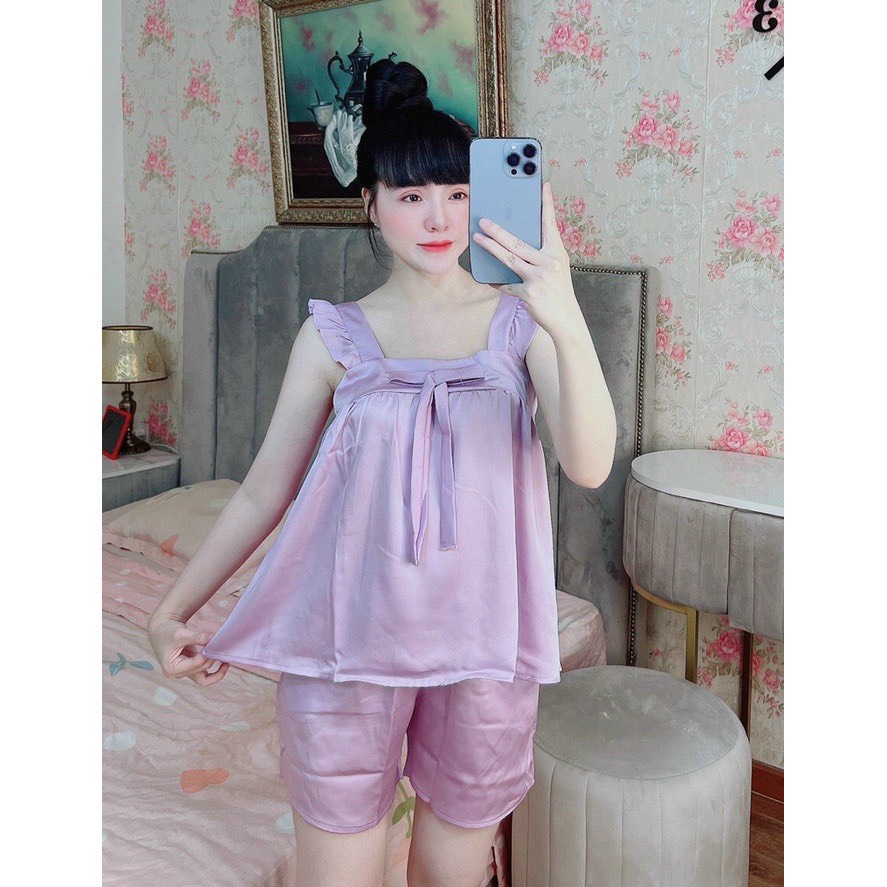 Set áo 2 dây bản to quần đùi xẻ lụa satin mềm mại