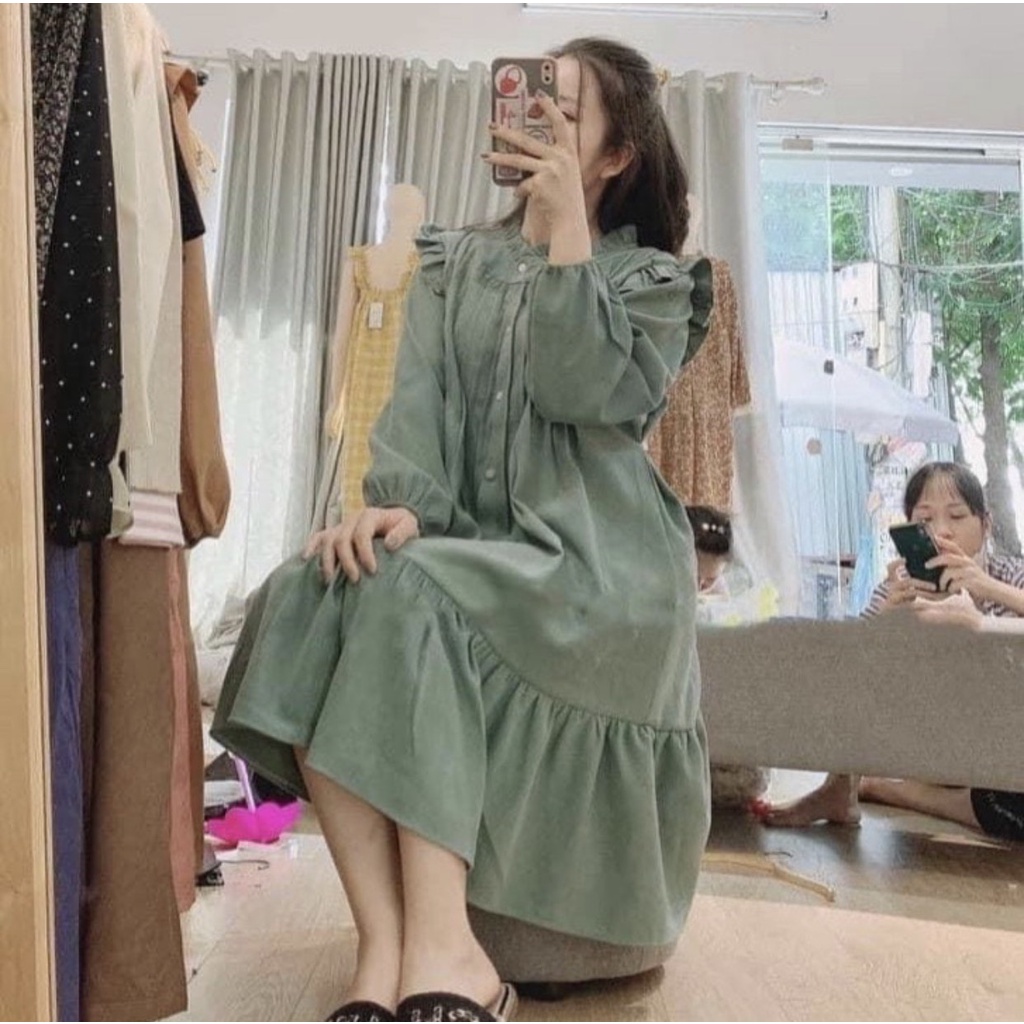 Váy Đầm Bầu Mặc Chơi Tết Xinh Xắn Thu Đông Dài Tay Chất Nhung Tăm Dày Dặn, Dáng Suông Size Dưới 70kg V0094 Mama Store99