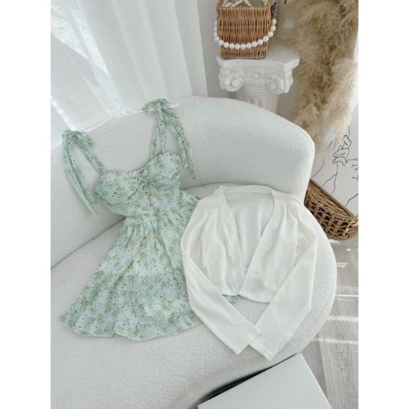 Set đầm hoa xanh min nút bọc 2 dây nơ vai kèm áo khoác trắng