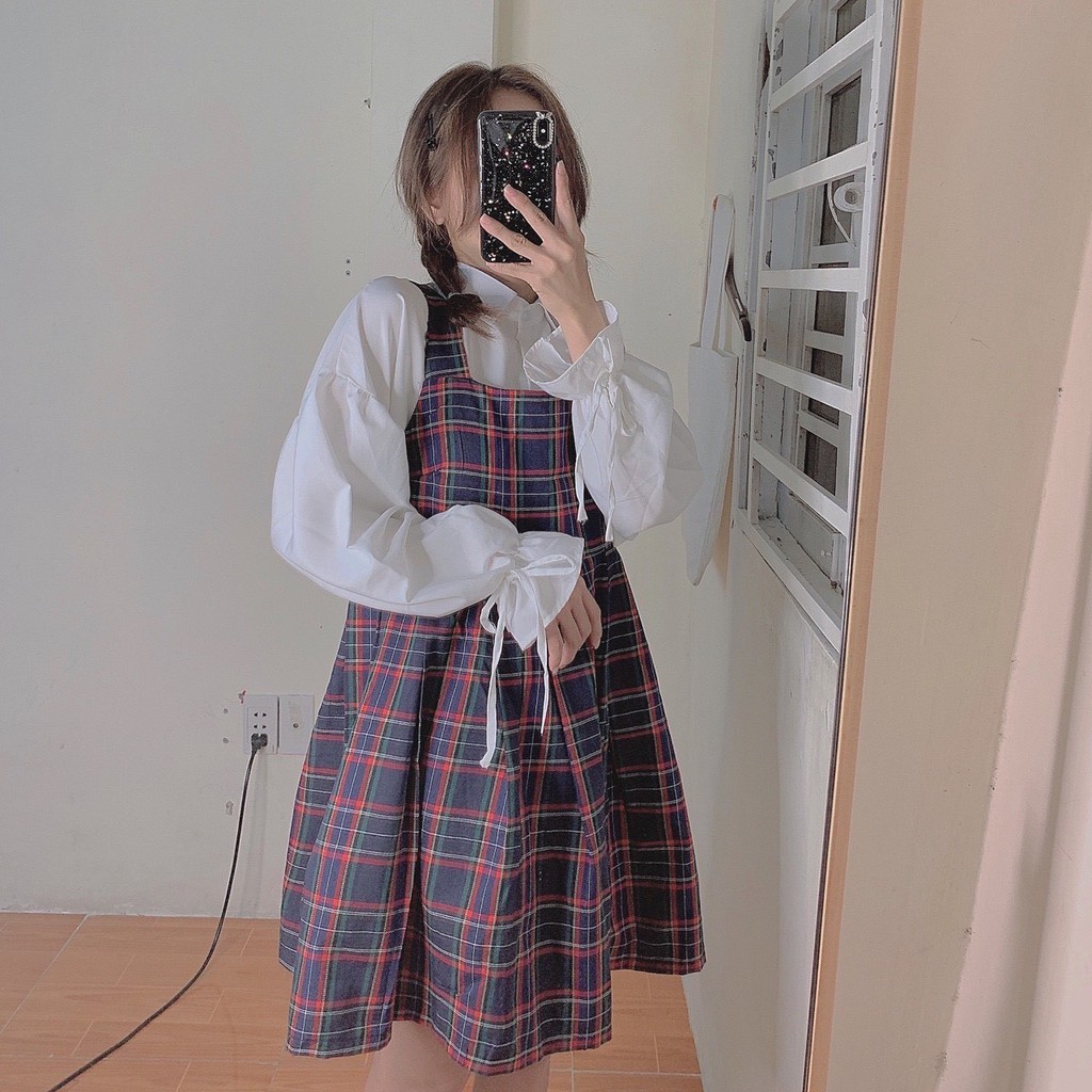 SÉT YẾM CARO ĐỎ ÁO SƠMI TRẮNG TAY DÀI XINH XẮN SYV299