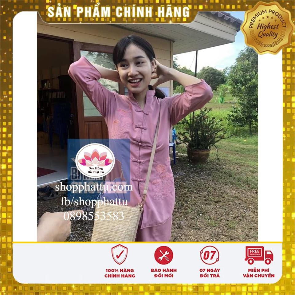 👉👉quần áo Phật tử đi chùa màu hồng Set xẩm thêu hoa sen sắc nét vải mềm mịn giặt máy thoải mái