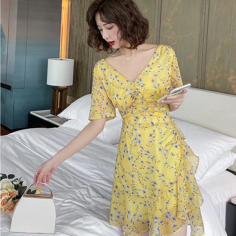 Đầm Perty họa tiết hoa cổ chữ V thời trang phong cách Hàn Quốc gợi cảm cho nữ