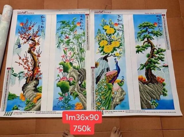 Tranh đính đá tứ quý đã thành phẩm về chỉ việc lên khung 136*90cm