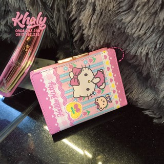 Bóp ví tiền cầm tay nút bật da mềm Hello Kitty che miệng và gấu hoa nhiều ngăn màu hồng trắng dành cho nữ và các bạn gái