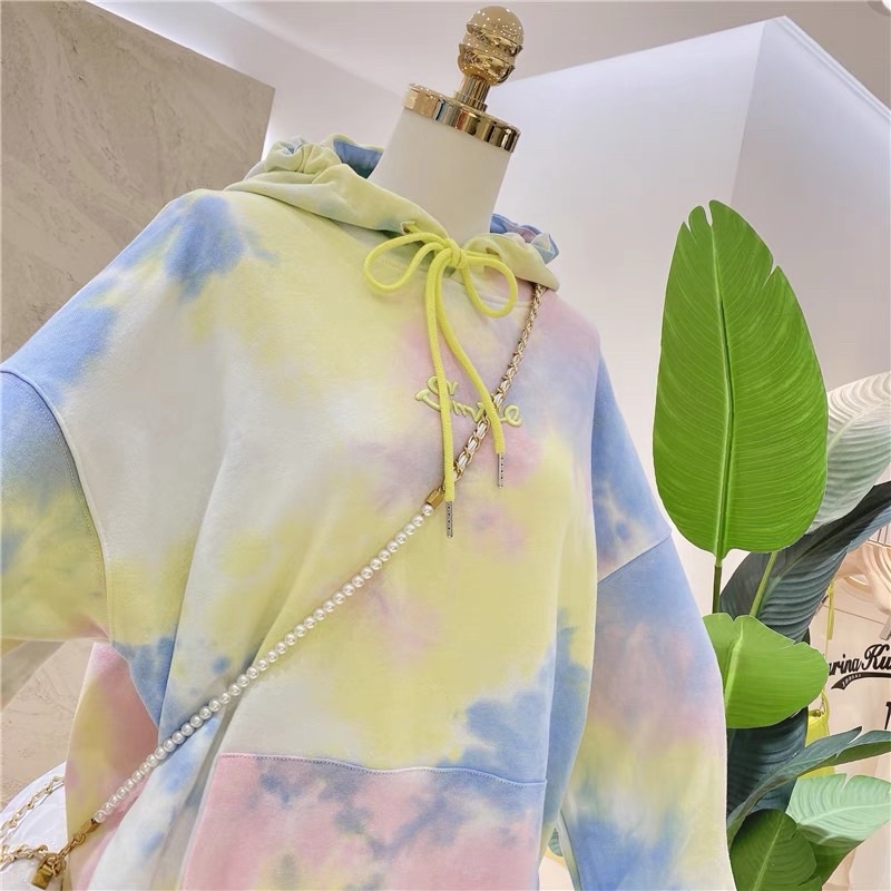 Áo hoodie vải nỉ lót bông dày dặn loang màu thêu Smile