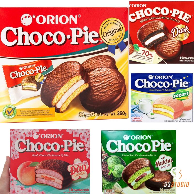 Hộp 12 chiếc bánh Choco-pie chuẩn Orion đủ 5 vị Đào/ Dark/ Tình/ sữa chua/ matcha 360-396g