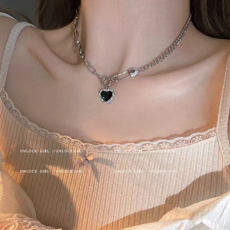 iF YOU Vòng cổ Mặt Hình Trái Tim Màu Đen Phong Cách Vintage Thanh Lịch Cho Nữ