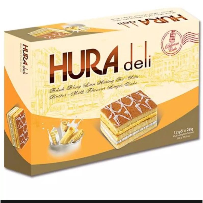 Bánh bông lan Hura Deli 336gr hương Sữa Dâu, Bơ Sữa, So Dừa, Cốm Dừa