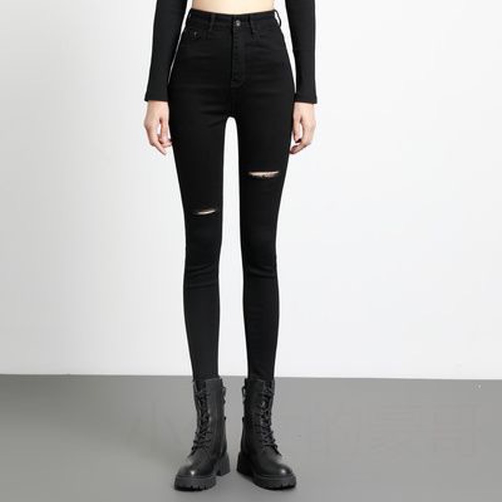 Quần jean nữ dài màu đen tuyền lưng cao co dãn mạnh, rách đẹp dành cho Big Size 2707