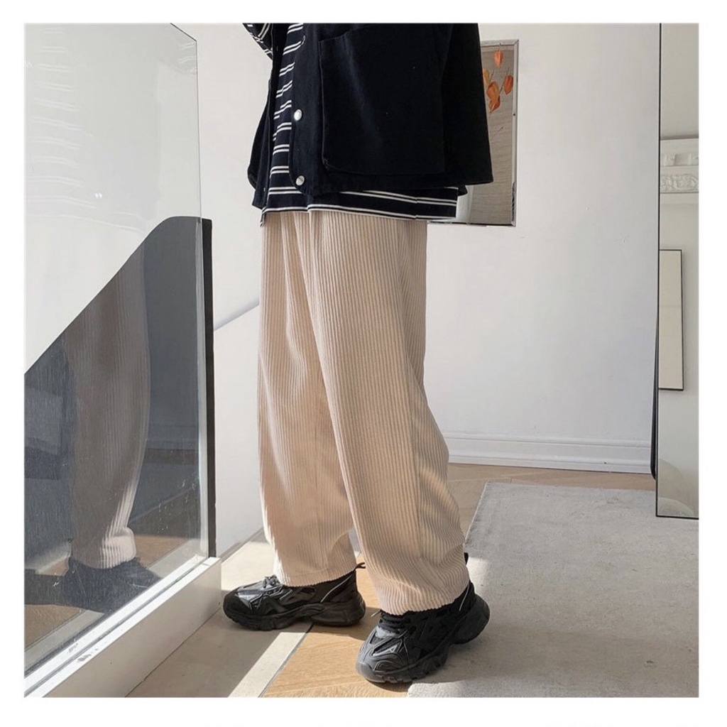 Quần Ống Rộng Baggy Lưng Cao Chất Liệu Kaki Nhung Tăm Unisex Nam Nữ Phong Cách Hàn Quốc Ulzzang