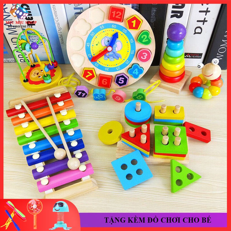 Combo 6 món đồ chơi gỗ cho bé thông minh, phát triển trí tuệ, đồ chơi trẻ em 1 - 6 tuổi, xếp hình khối