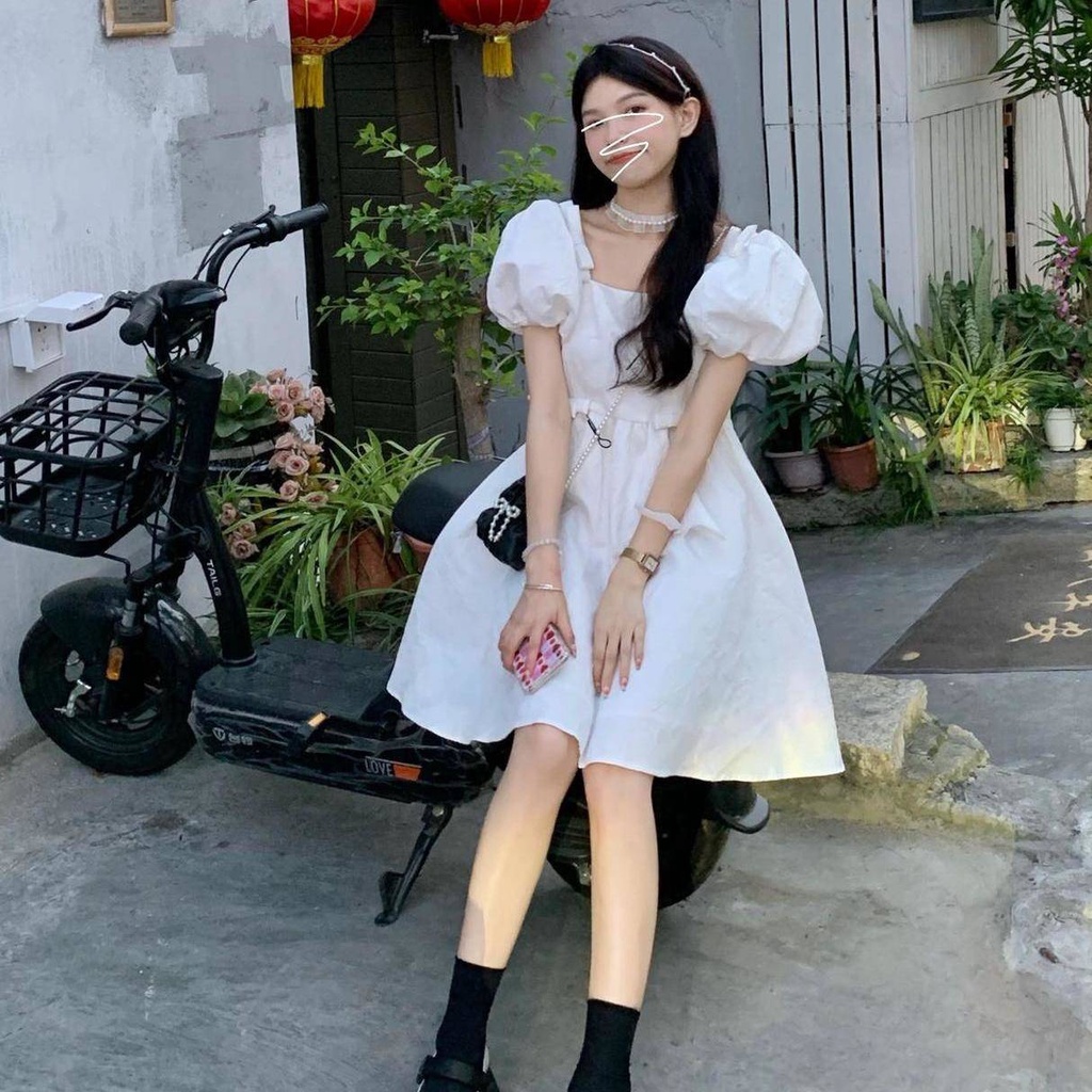 Váy babydoll đầm babydoll Đầm Cổ Vuông Eo Cao Đính Nơ Phong Cách Hàn Quốc Ngọt Ngào Thời Trang Mùa Hè Dành Cho Nữ