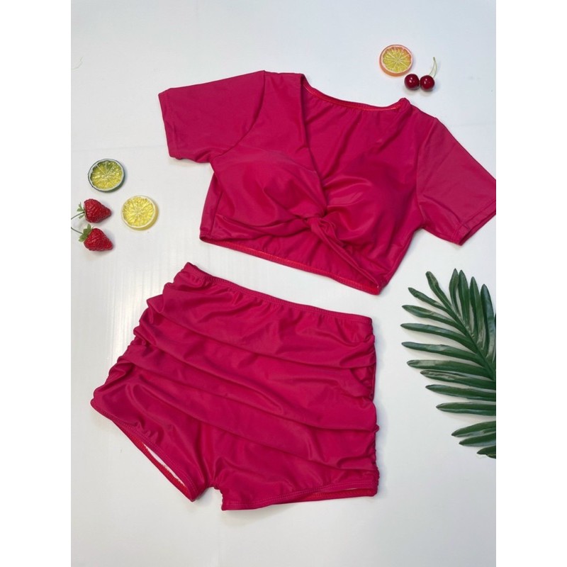 Bộ đồ bơi nữ, Set bơi áo croptop xoắn + quần nhún, Đồ bơi, đồ đi biển