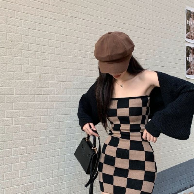Spring pure desire style slim fitting knitted cardigan sweater + sexy Spice Girl Plaid suspender Hip Wrap Dress Set female