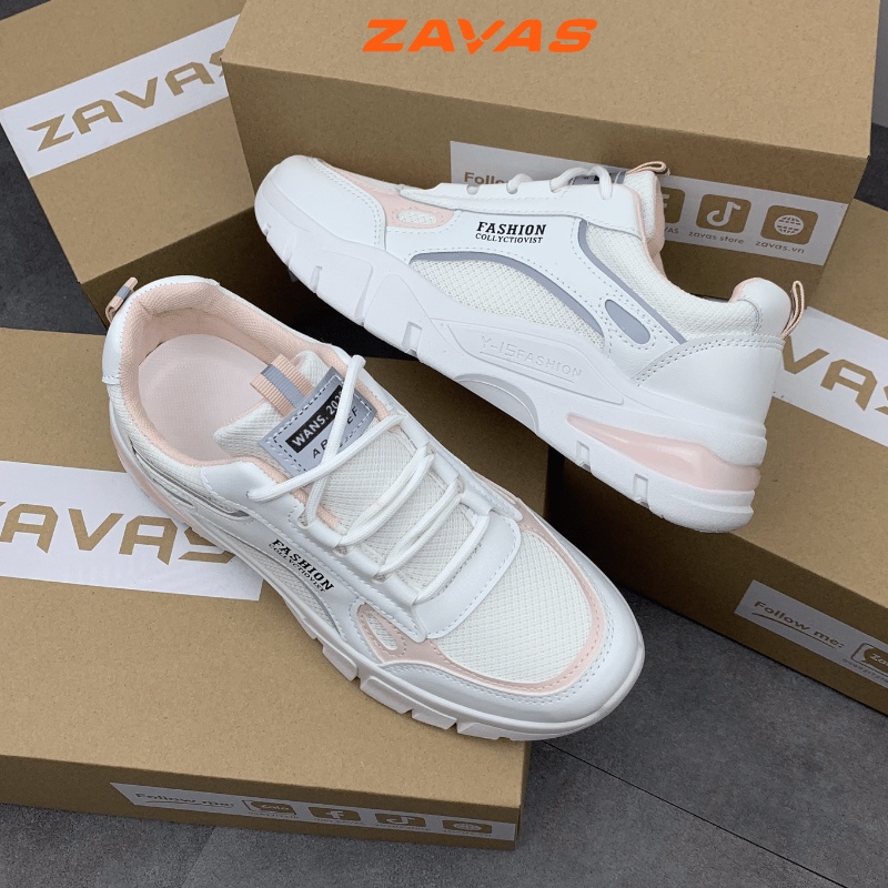Giày thể thao sneaker nữ trắng hồng ZAVAS đế cao 4cm công nghệ air êm nhẹ thoáng khí cột dây S396