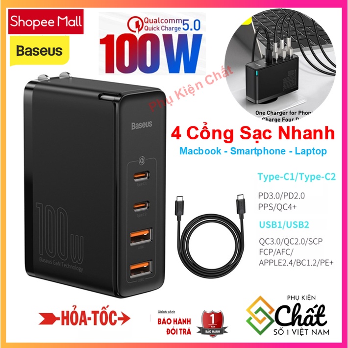 Bộ  Sạc nhanh 100W 4 Cổng Cho Macbook Pro, iPad Pro, iPhone 12, Note 10+, S20 BASEUS GaN2 PRO   PPS, PD 3.0, QC 4+