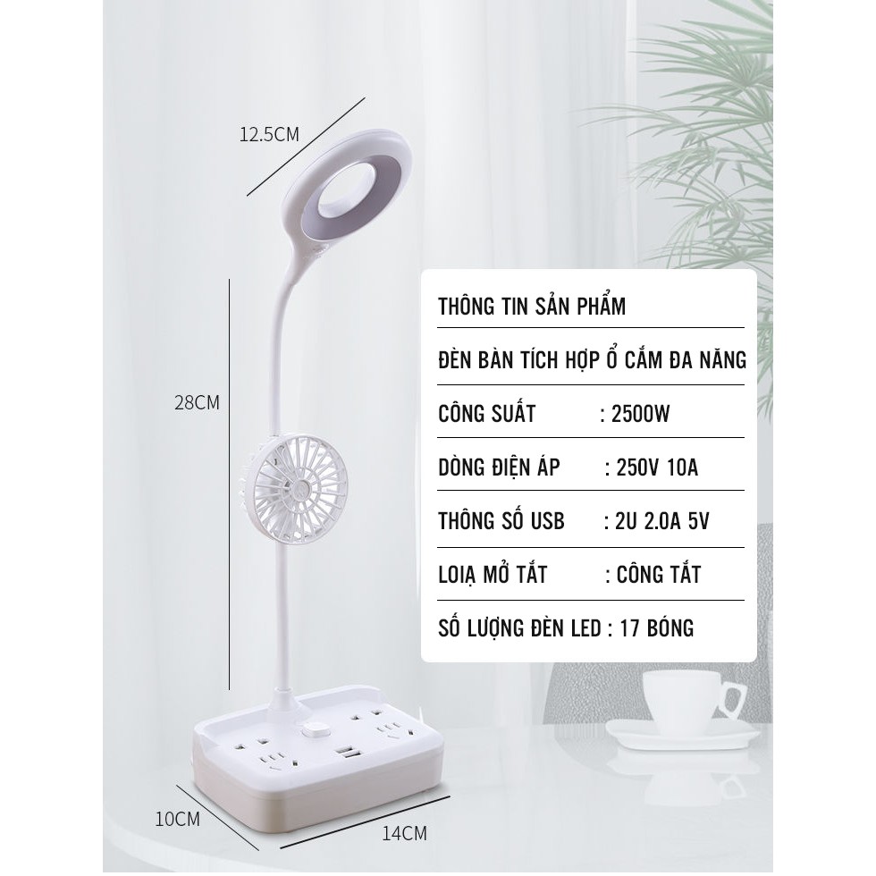 Đèn Bàn Tích Hợp 4 Ổ Cắm Điện Đa Năng Có Đầu Ra USB Dây Đèn Bàn Dài 0.8m