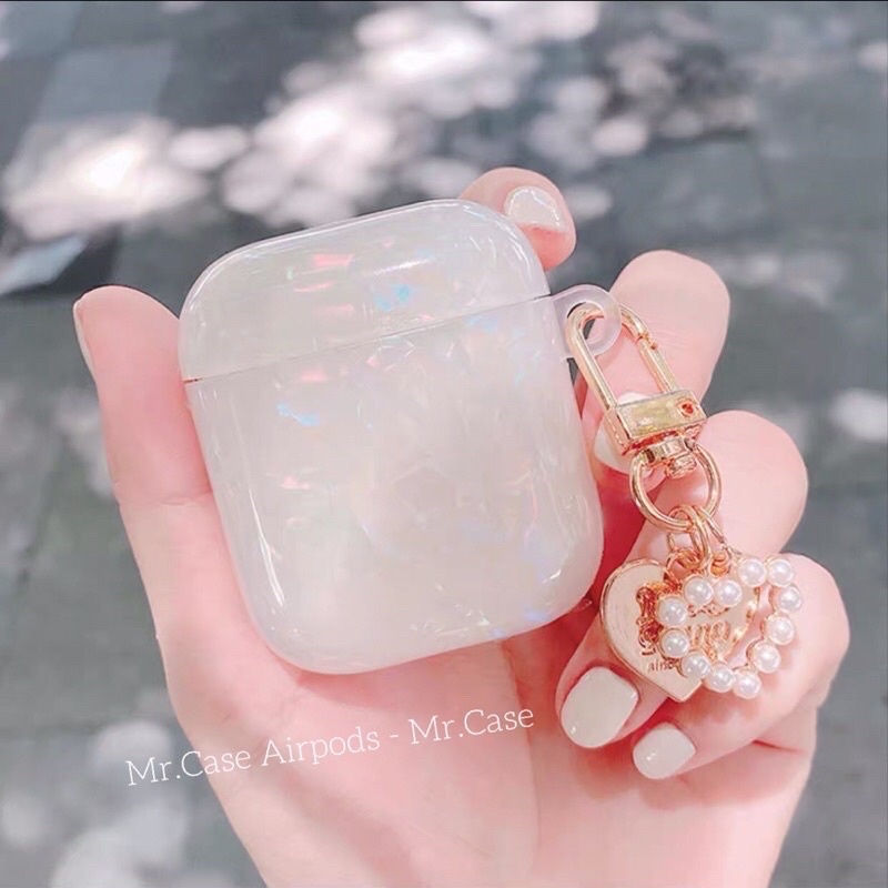 Case Airpods 1/2/3/Pro Vỏ Ốp Tai Nghe Màu Trắng Xà Cừ Kèm Móc Khoá Xinh- Mr.Case AirPods