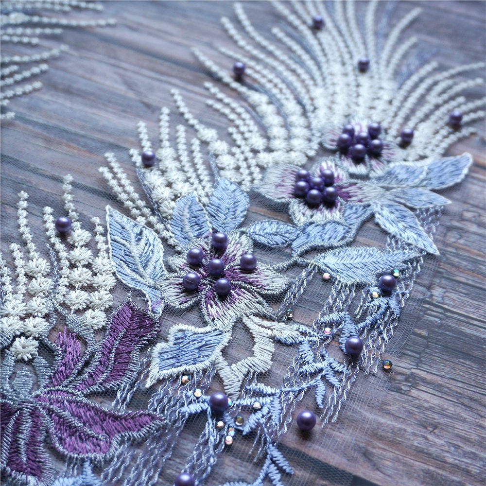 Miếng Vải Ren Thêu Hoa Màu Tím Đính Hạt May Cổ Áo Cưới diy