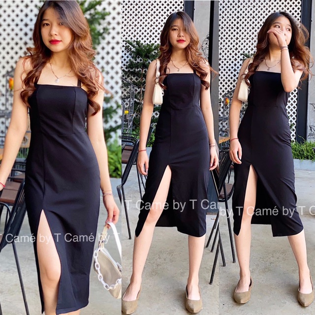 Đầm đen body yếm xẻ tà sâu
