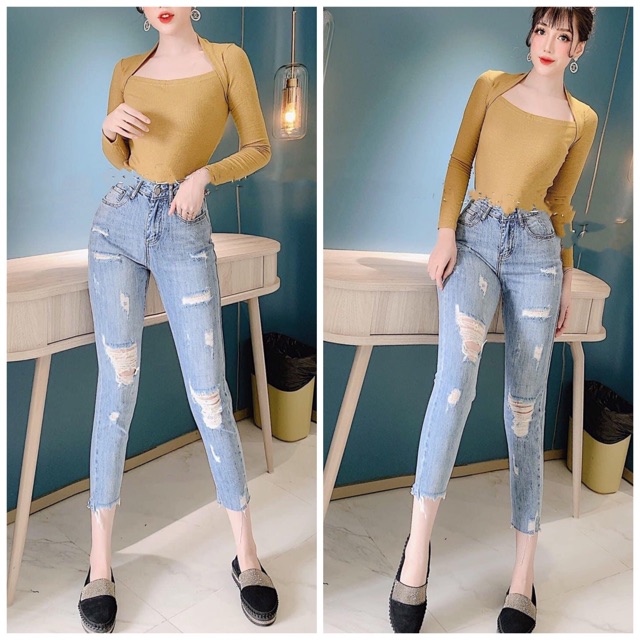 Quần jean dài 9 tấc BIG SIZE lưng cao co dãn mạnh rách kiểu đẹp rẻ 3256
