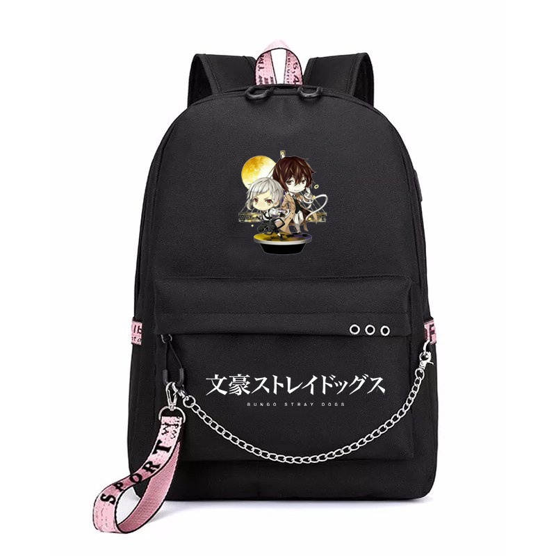Balo thông minh đen hồng in hình Bungou Stray Dogs chibi anime cặp sách đi học