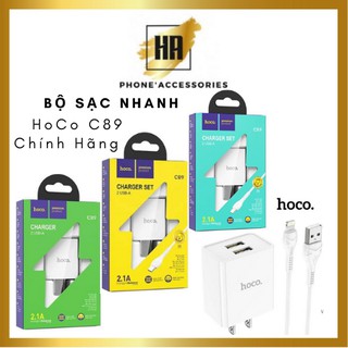 Bộ sạc chính hãng hoco c89, 2 cổng usb, dây lightning, typec, micro, bảo hành chuẩn hãng, phukienhuonganh