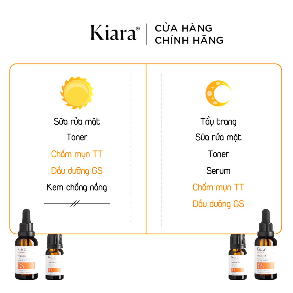 Bộ đôi chấm mụn - giảm thâm mụn Kiara Grapeseed Oil 30ml và Tea Tree Oil 10ml