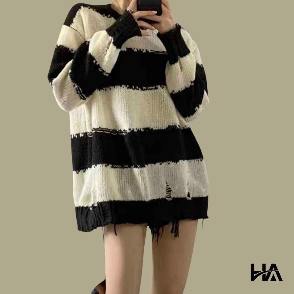 Áo len nữ HA207 Áo sweater dệt kim form rộng màu trắng đen phong cách hàn quốc