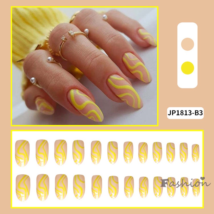 Bộ 24 Miếng Dán Móng Tay Đầu Tròn Màu Vàng Có Thể Tháo Rời