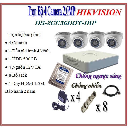 Bộ 4 camera 2.0MP HIKVISION DS-2CE56DOT-IRP