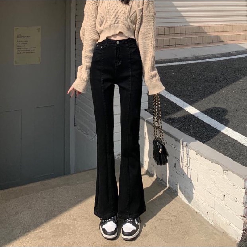 Urihouse - Quần jeans đen ống loe cạp cao chất co giãn siêu tôn dáng hack chân