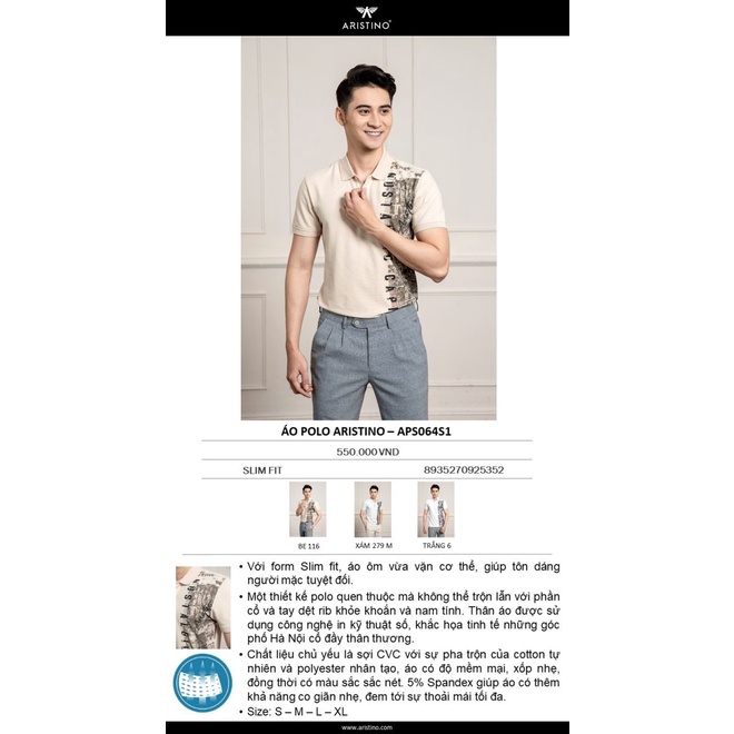Áo polo Nam ARISTINO cao cấp họa tiết in Phố cổ Hà Nội- APS064S1