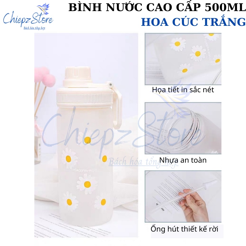 Bình nước Hoa Cúc Trắng - Bình đựng nước cao cấp 500ml - BPA free