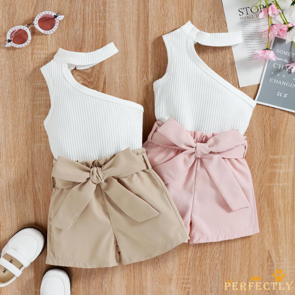 PFT-Little Girls Three Pieces Set Clothes, Halterneck Oblique Shoulder Sleeveless Vest + Shorts + Waist Belt