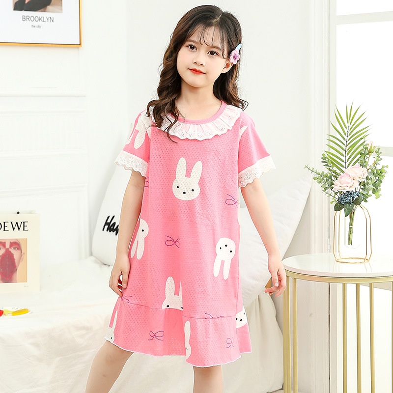 Đồ ngủ dáng chữ A chất liệu cotton phối ren in họa tiết hoạt hình 2021 dành cho bé gái 2-12 tuổi