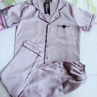 Bộ pijama lụa satin cát viền nơ ( tay cộc quần dài)